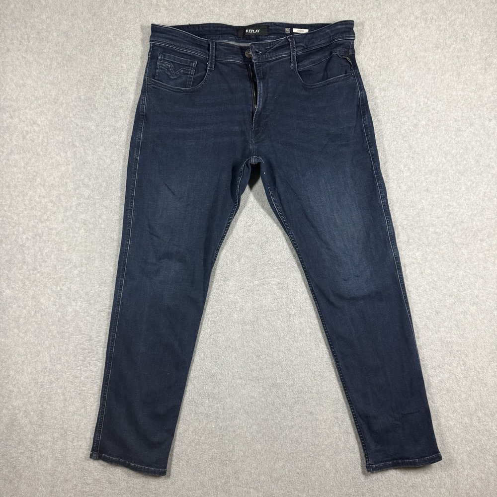Replay ANBASS Jeans Mens 36x30 Dark Wash Stretch Tapered Authentic Logo VGUC